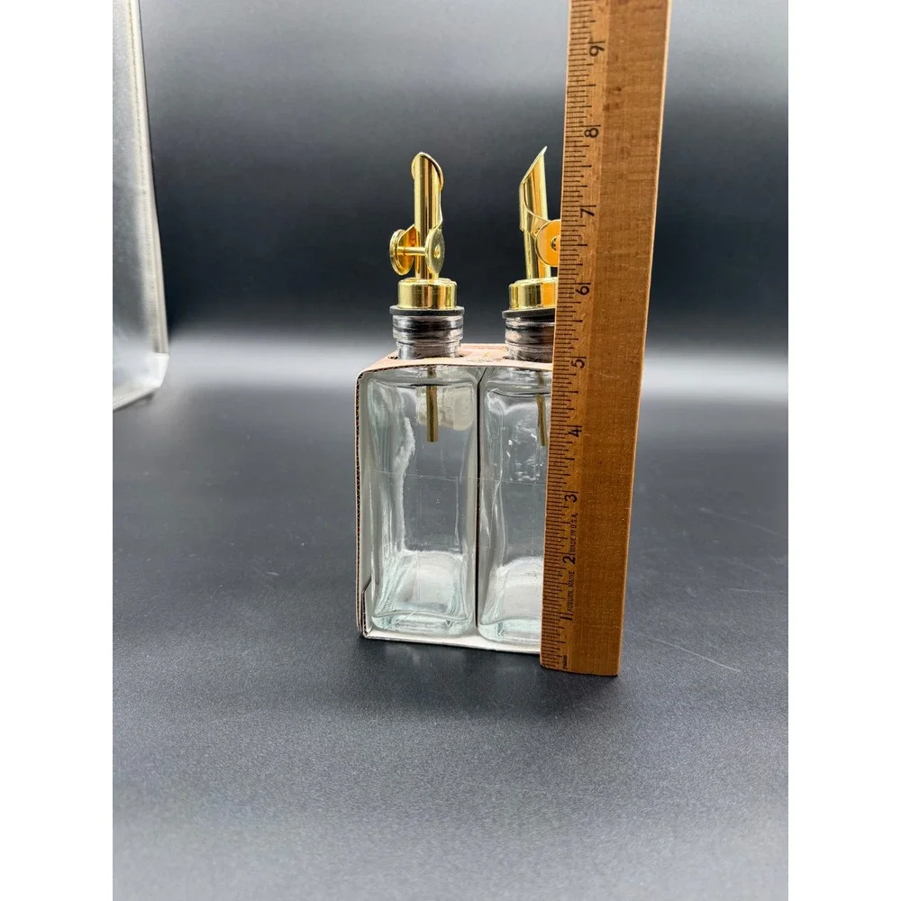 2 Pack Glass Oil and Vinegar Dispenser Set Gold Weighted Pourers 10.1oz Clear